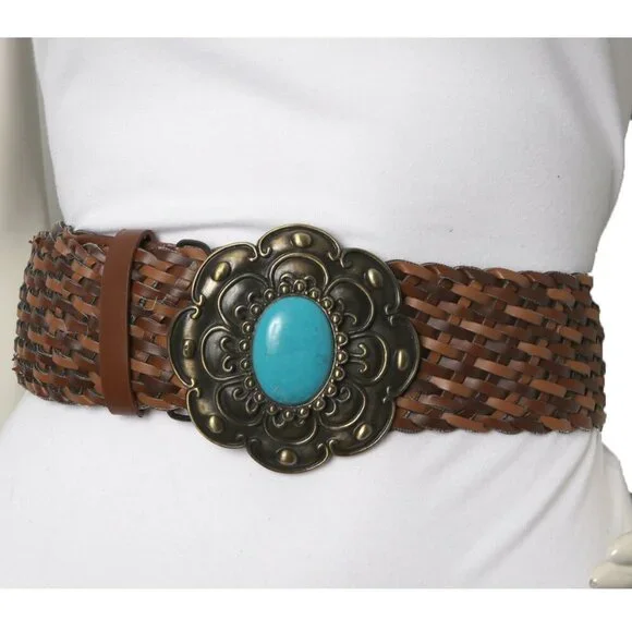 Debenhams UK Western Braided Wide Faux Leather Belt Woven Turquoise Stone Bronze - Picture 3 of 7